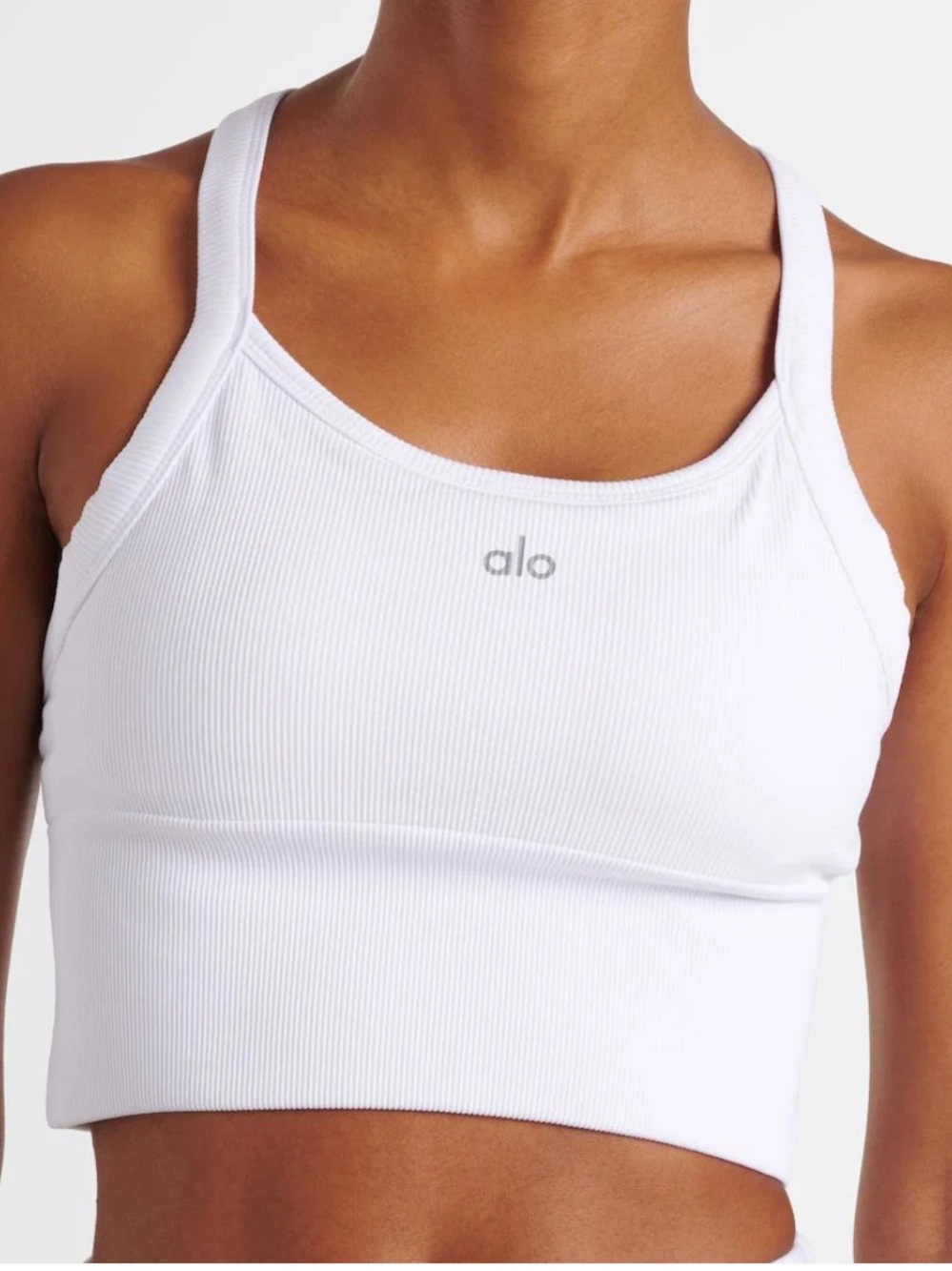 Alo Longline White Ribbed Knit Longline Bra